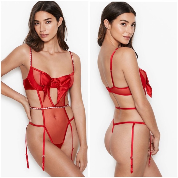 🩰[ VS ] Unlined Satin Bow & Rhinestone Teddy - Picture 1 of 15